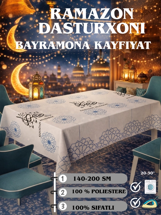 Ramazon uchun, bayram dasturxoni, yupqa poliester mato, silliq yuzali. 140-200 SM