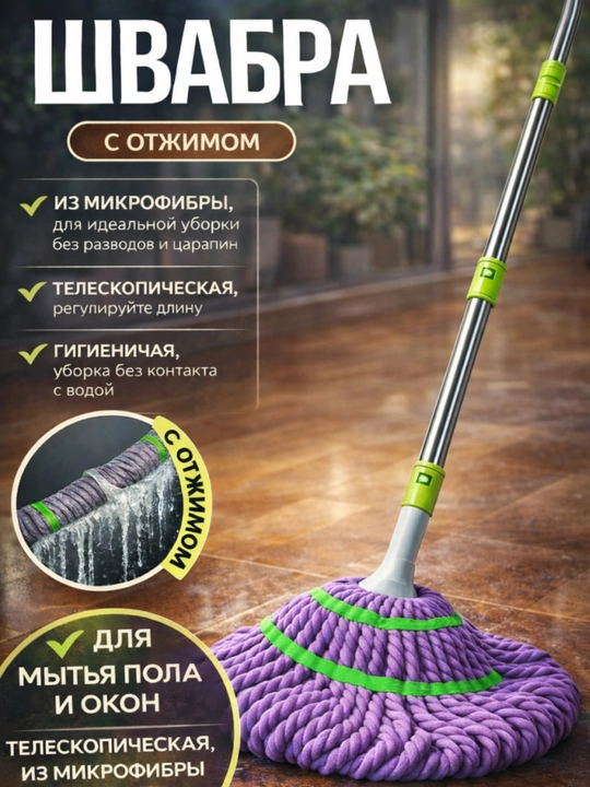 Швабра с отжимом, швабра для мытья пола и окон, телескопическая, из микрофибры - 