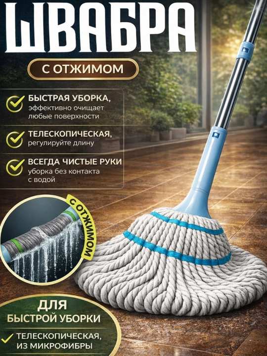 Швабра с отжимом, швабра для мытья пола и окон, телескопическая, из микрофибры - 