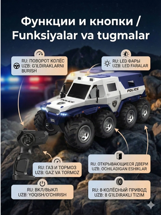 MOKA 8 ta g‘ildirakli yo‘ltanlamas katta politsiya mashinasi