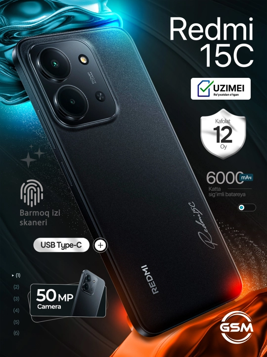 Xiaomi Redmi 15C smartfon, 6.9" IPS 120 Hz, 50 Mp, 6000 mA·soat, 33 Vt - 