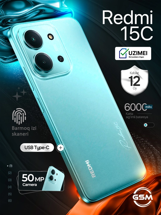 Xiaomi Redmi 15C smartfon, 6.9" IPS 120 Hz, 50 Mp, 6000 mA·soat, 33 Vt - 