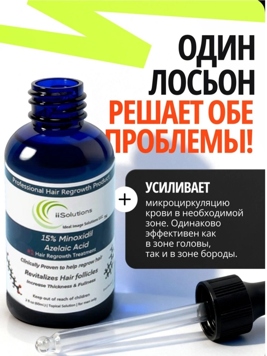 Лосьон для роста волос и бороды Minoxidil 15% iiSolutions, против выпадения, 60 мл
