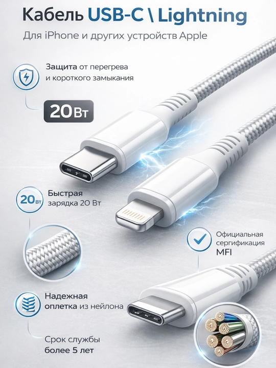 Кабель USB-C → Lightning 20W быстрой зарядки - 