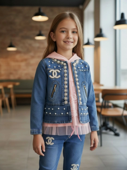 Qizlar uchun, qalpoqli va marvarid taqinchoqlari bilan, "Jinsli chic" to'plami - 
