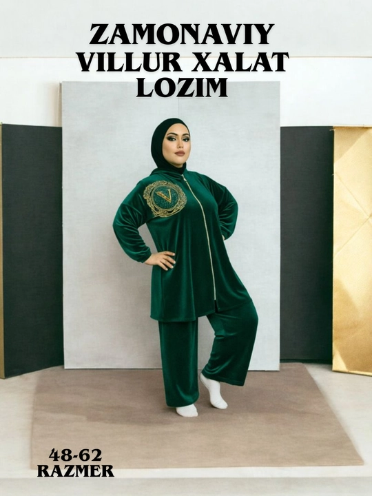Ayollar va qizlar uchun velyur komplekt xalat, tunika-lozim, dvoyka, 48-62 razmer - 