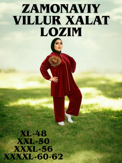 Ayollar va qizlar uchun velyur komplekt xalat, tunika-lozim, dvoyka, 48-62 razmer - 