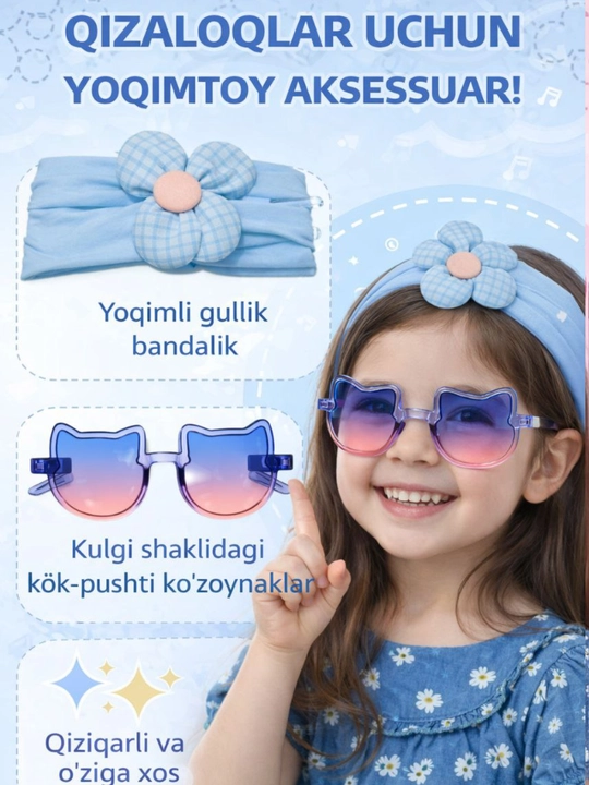 Qizaloqlar uchun soch zakolka bant va quyoshdan himoya qiluvchi ko'zoynak - 