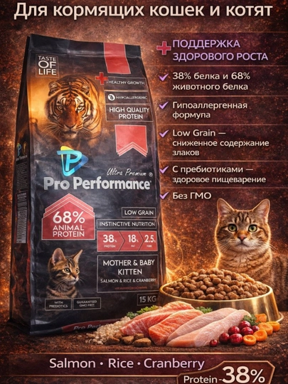 Сухой корм для котят Pro Performance с лососем и рисом, 15 кг