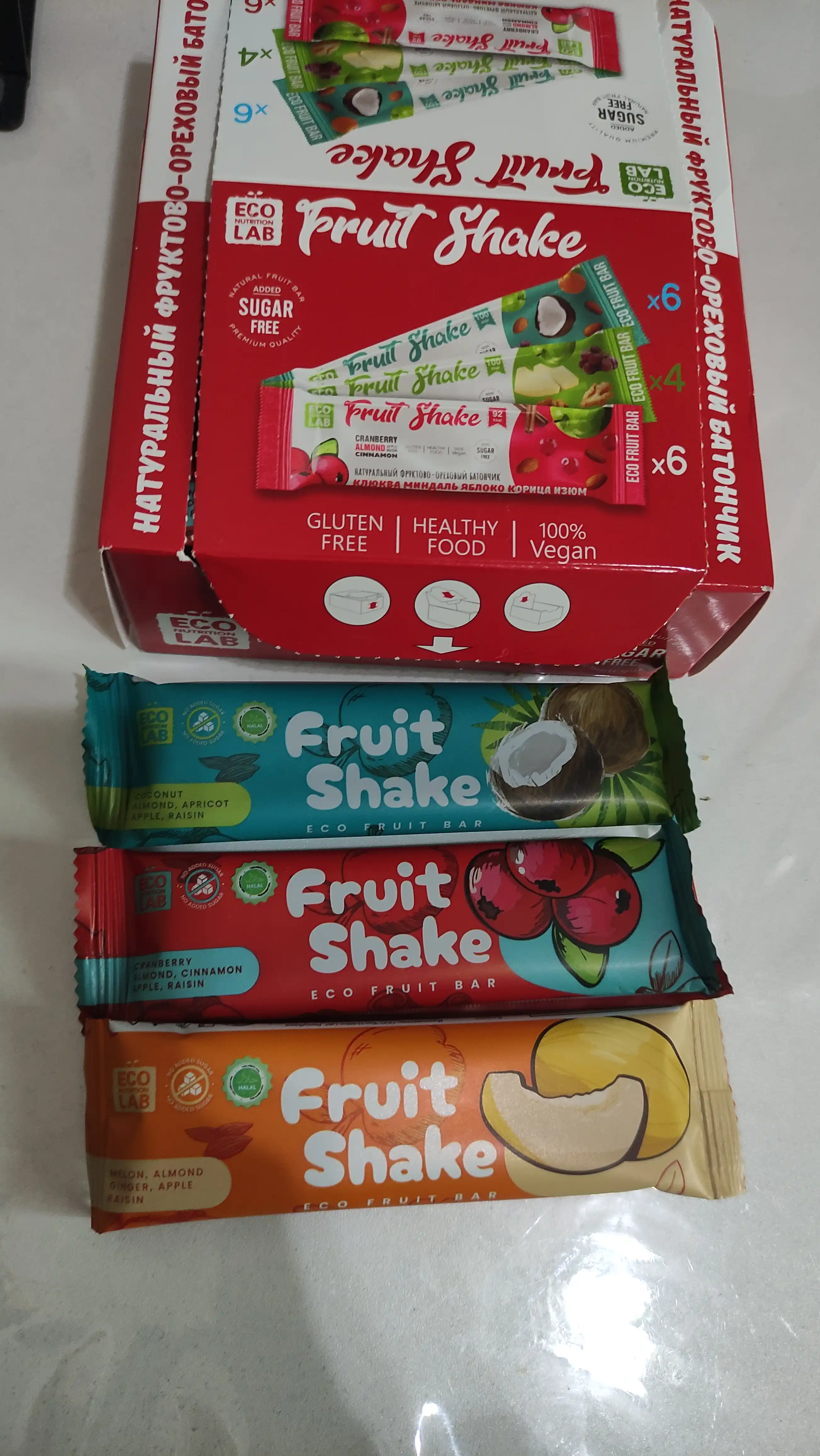 Mevali-yong'oqli batonchiklar Fruit Shake Assorti klyukva/qovun/kokos, 16 donax30 g