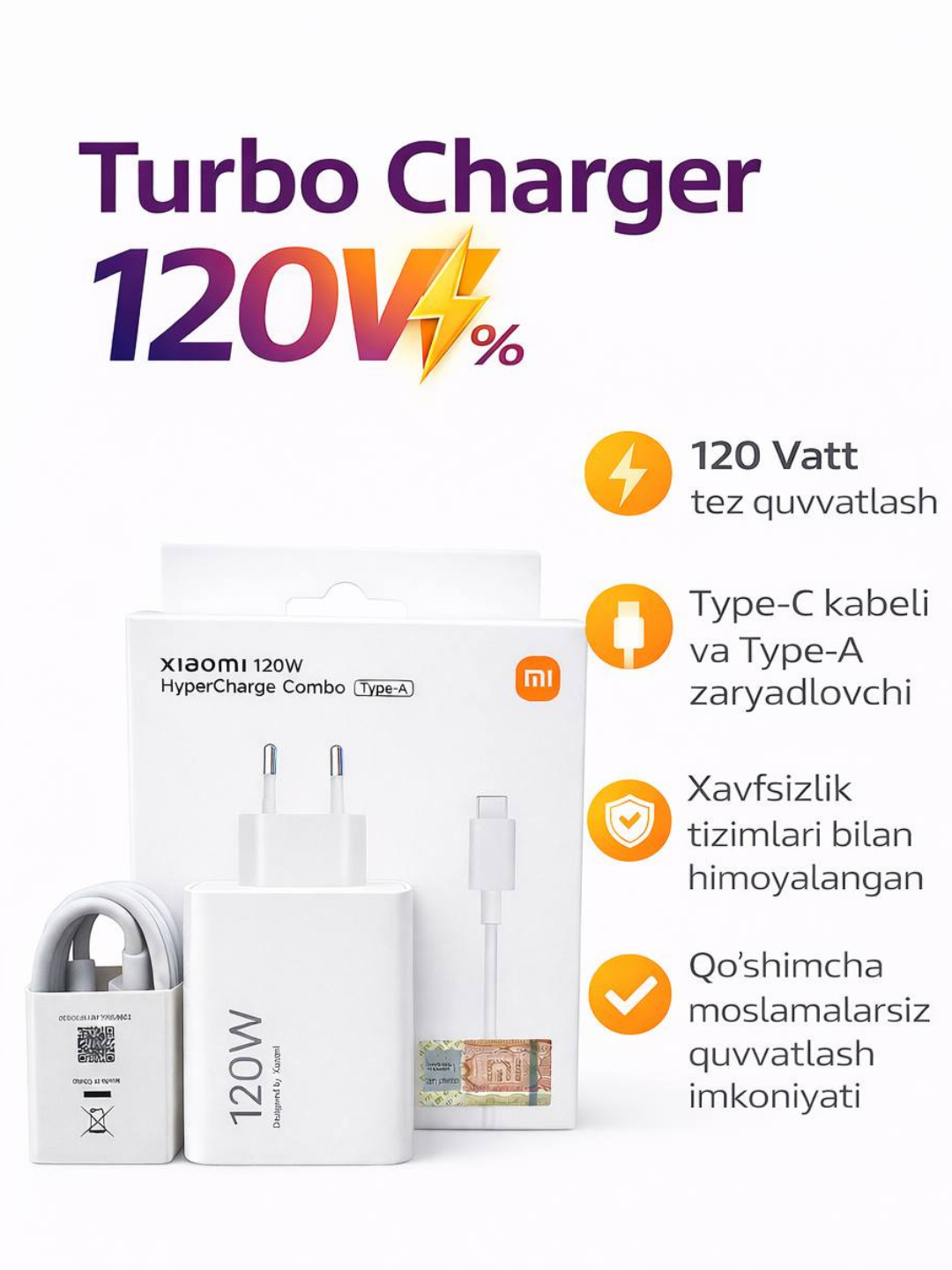 Xiaomi 120W Turbo quvvatlash qurilmasi, Type-C kabeli bilan - 