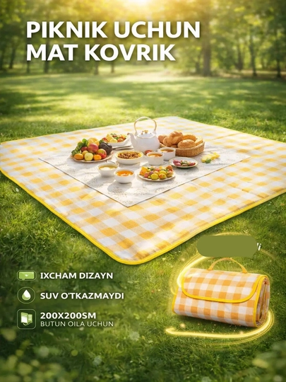 Сумка коврик для пикника, пляжа, похода, кемпинга, рыбалки, складной плед, 200 x 200 см — ZENORA-PIKNIKMAT-ЛИМОН