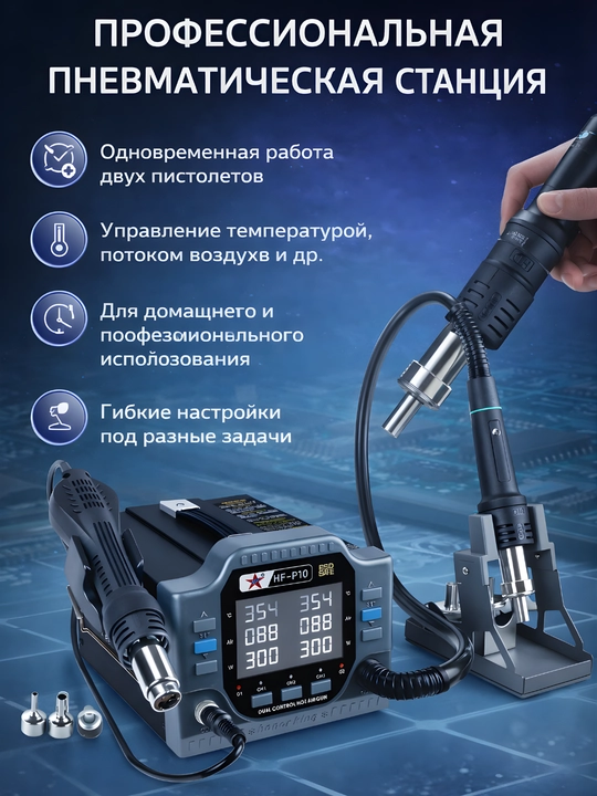 Термовоздушная HF-P10 с двумя фенами – двухканальная, регулировка температуры и воздуха