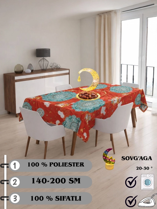 Ramazon uchun, bayram dasturxoni, yupqa poliester mato, silliq yuzali. 140-200 SM