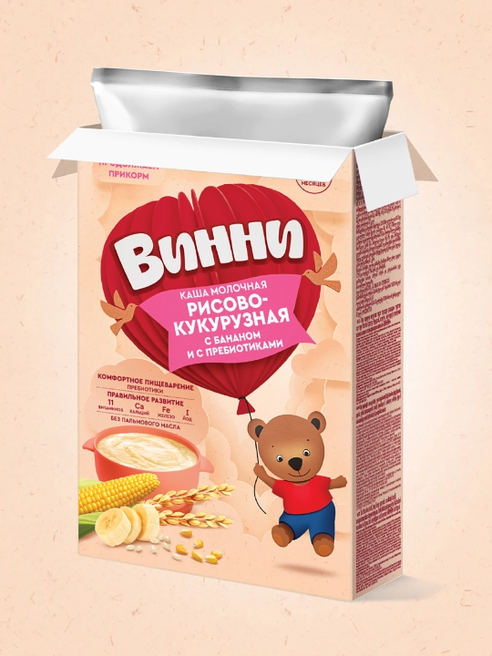 Sutli bo'tqa Винни, banan va prebiyotiklar bilan guruch va makkajo'xorili, 200 gr