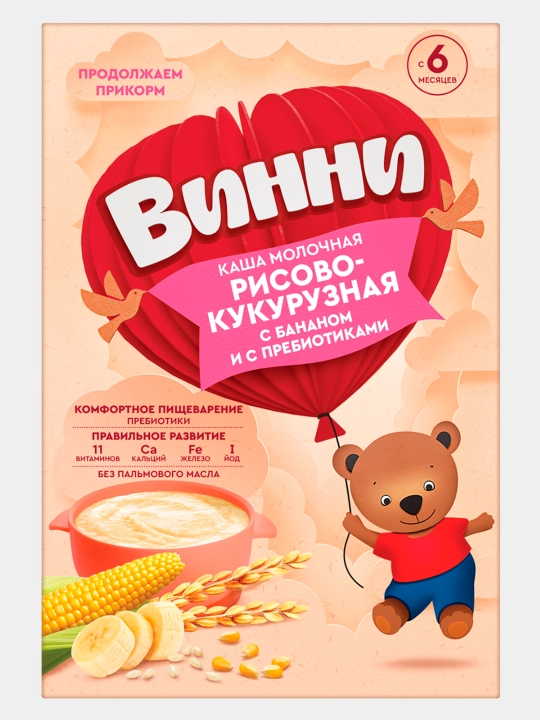 Молочная каша Винни, рисово-кукурузная с бананом и пребиотиками, 200 гр - 