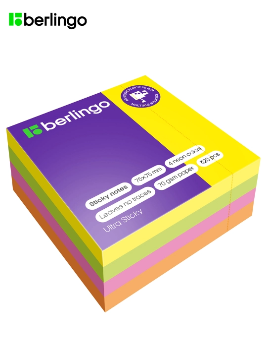 Самоклеящийся блок Berlingo "Ultra Sticky", 75*75 мм, 320 листов, LSn_40002 - 