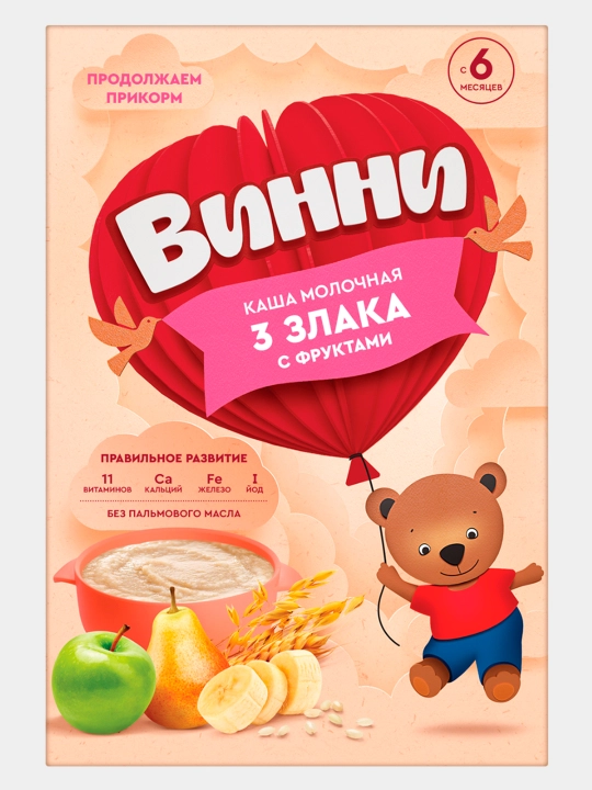 Молочная каша Винни, 3 злака с фруктами, 200 гр - 