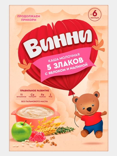 Молочная каша Винни, 5 злаков с яблоком и малиной, 200 г — INFAPRI-VIN2000
