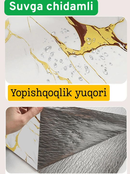 O'zi yopishadigan, suv o'tkazmaydigan devor panellari marmar ko'rinishidagi turlari