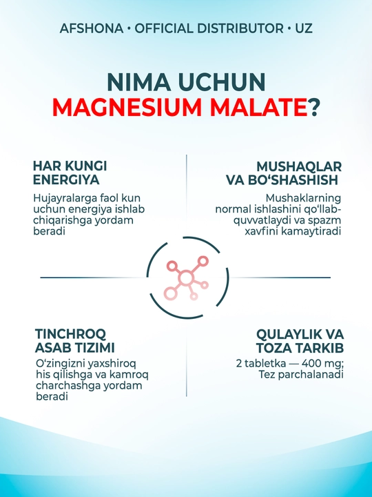 KAL Magnesium Malate 400 mg, 90 dona — Energiya, asab tizimi va mushaklar uchun