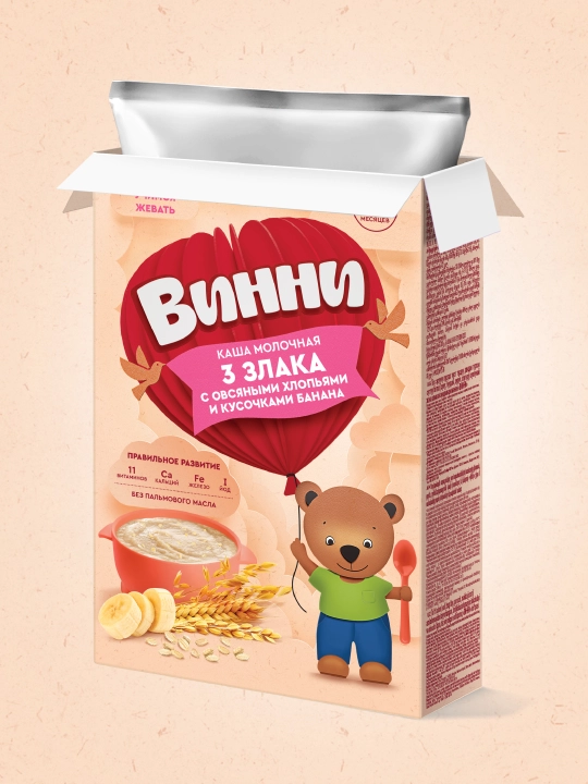Vinni sutli bo‘tqasi, quruq, 3 ta boshoqli don bilan suli yormasi va banan aralash, 200 g