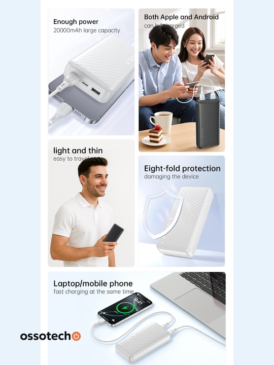 Akkumulyator Power Bank AWEI, 20000 mAh, tez zaryadlash, 3 ta port, oq rang