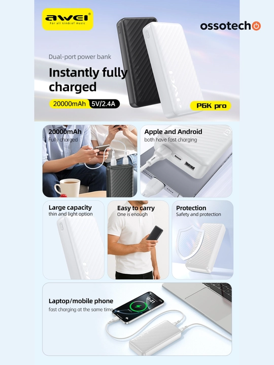 Akkumulyator Power Bank AWEI, 20000 mAh, tez zaryadlash, 3 ta port, oq rang
