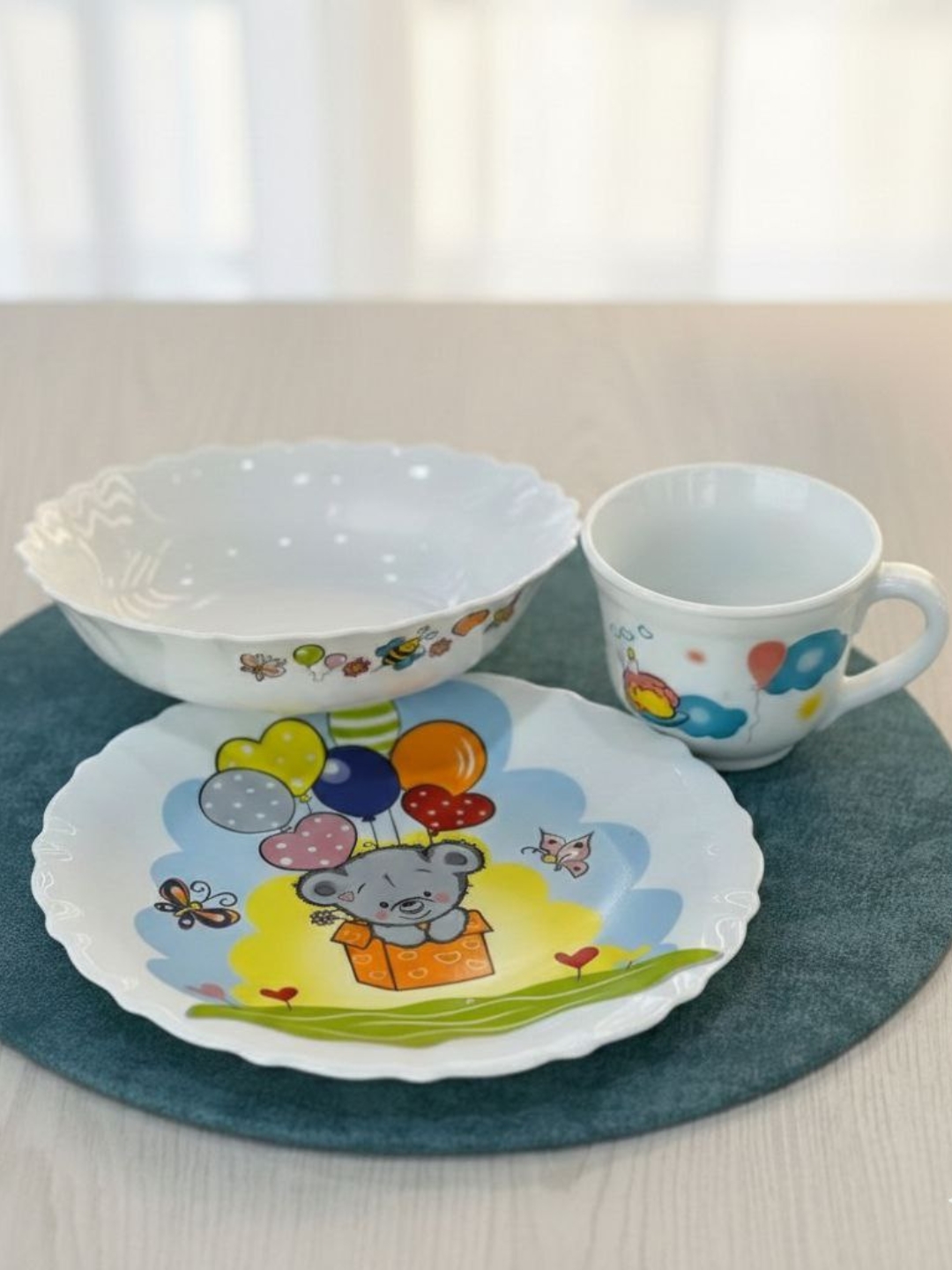 Bolalar 3 tasi 1 da idish to'plami, likopcha, chashka va kosa - 