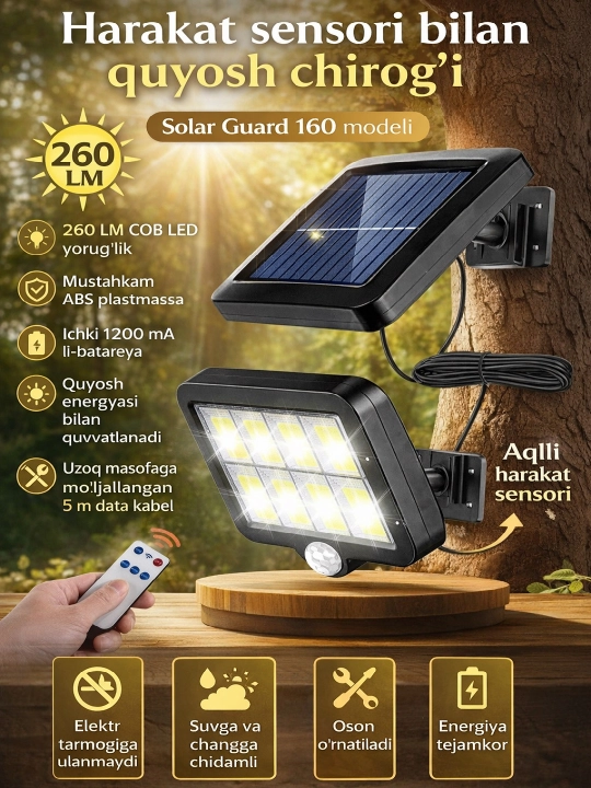 Harakat sensori bilan quyosh chirog‘i, 260LM, COB LED
