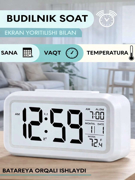 Elektron stol soati, yoritgich, termometr, budilnik, meteostansiya bilan - 