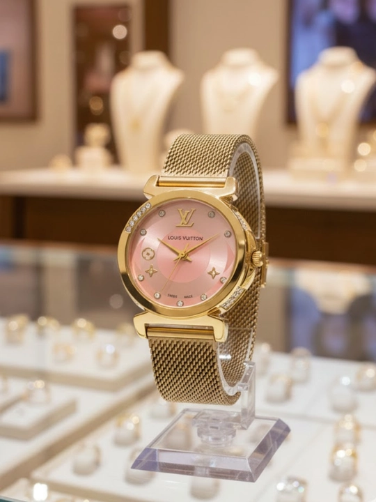 Женские наручные часы золотистого цвета, розовый циферблат, Louis Vuitton - 