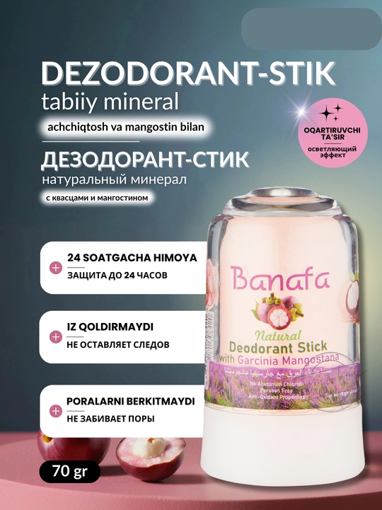 Banafa mineral dezodorant-stiki, tabiiy kristall, 70 gr - 