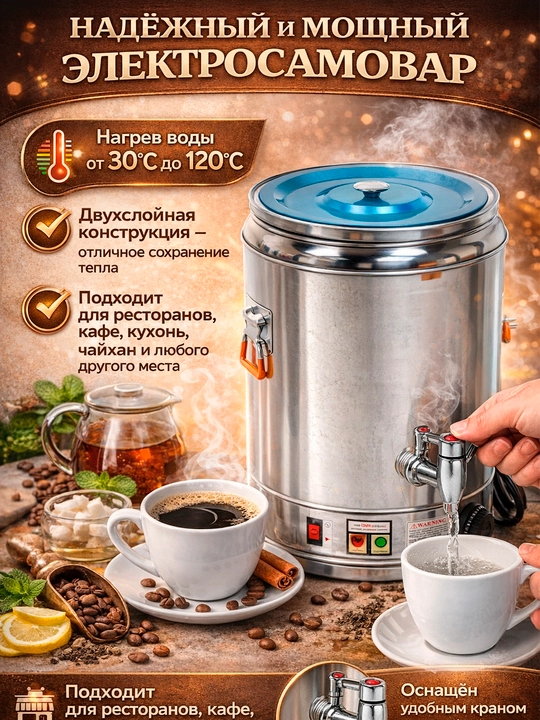 Электрический самовар из нержавеющей стали Nikura, объёмом 20, 30, 40, 60 и 80 л
