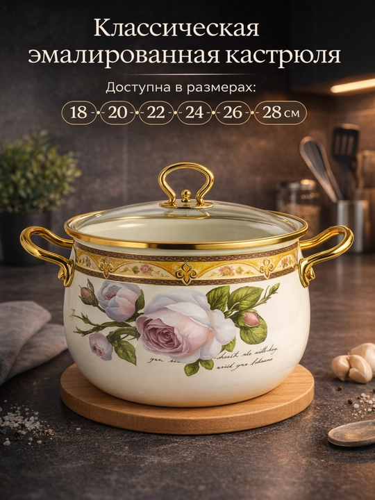 Emalli qozon to‘plami oltin tutqichli, shisha qopqoqli — 18–28 sm, barcha plitalar uchun - 