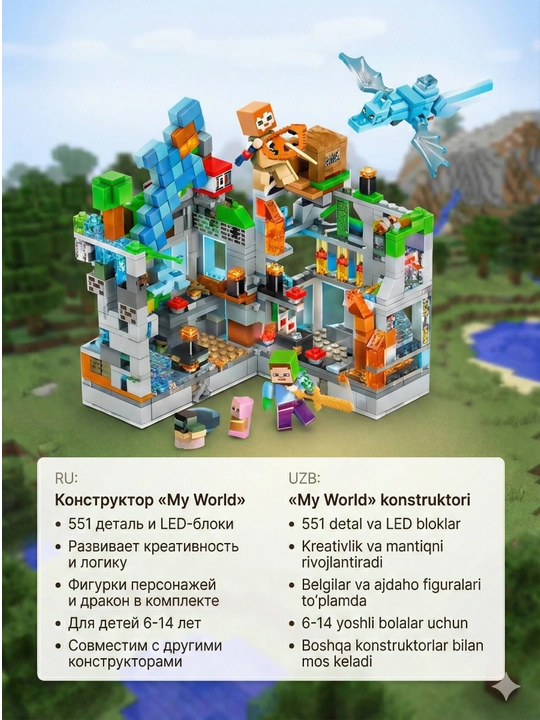 MyWorld konstruktor (Minecraft uslubida) – 551 detal, ijodiy va rivojlantiruvchi o‘yin