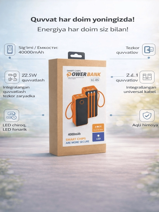 Simli zaryadlovchi Power Bank 10 000 / 40 000 / 50 000 mAh – Tezkor va ishonchli zaryad - 