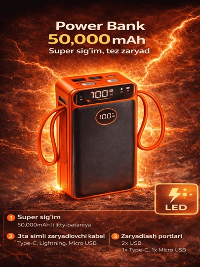 Simli zaryadlovchi Power Bank 10 000 / 40 000 / 50 000 mAh – Tezkor va ishonchli zaryad - 