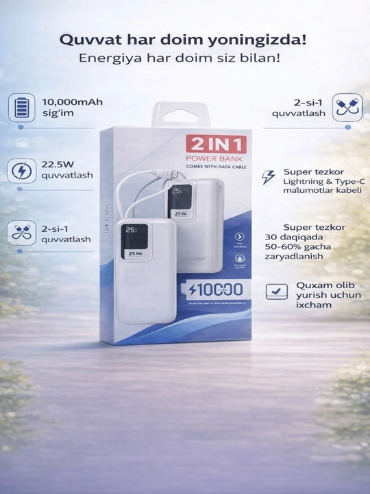 Simli zaryadlovchi Power Bank 10 000 / 40 000 / 50 000 mAh – Tezkor va ishonchli zaryad - 