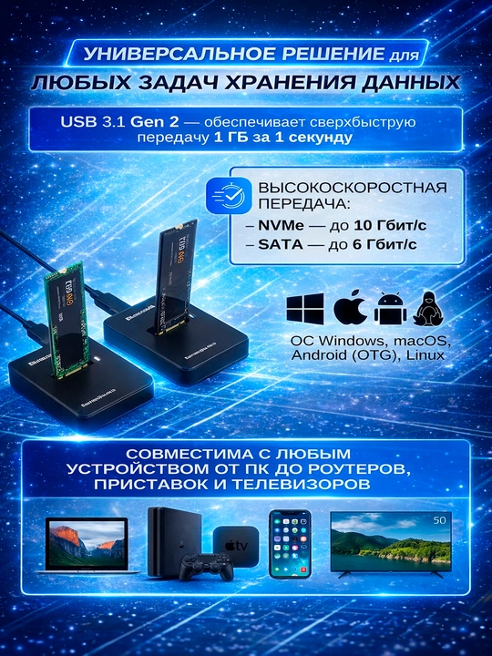 M.2 NVME SSD + SATA o'rnatish stantsiyasi M2 va SATA SSD-larini qo'llab-quvvatlaydi