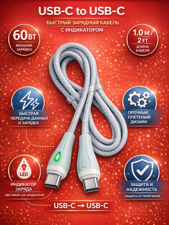 Кабель Borofone BX100 USB-C → USB-C, 60 Вт, с LED-индикатором, 1 м - 