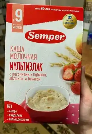 Sutli bo'tqa ko'p donli Semper, qulupnay bo'laklari, olma va banan, quruq, 9 m +, 180 g