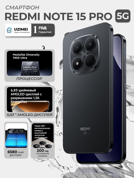 Смартфон Redmi Note 15 Pro 4G/5G, 200 MP + 32 MP камера, 6500 мАч 45 Вт, 120 Гц, IP64