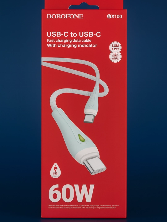 Кабель Borofone BX100 USB-C → USB-C, 60 Вт, с LED-индикатором, 1 м