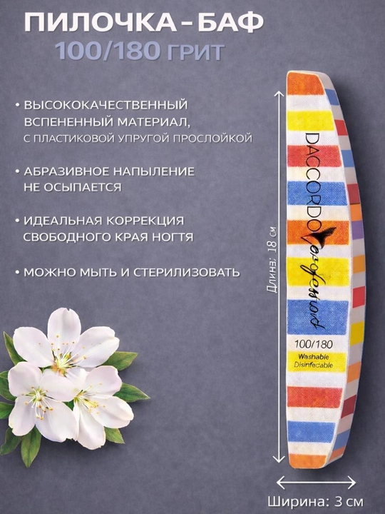 Пилка-баф для ногтей Daccord, 100/180 грит, двусторонняя, 18 см