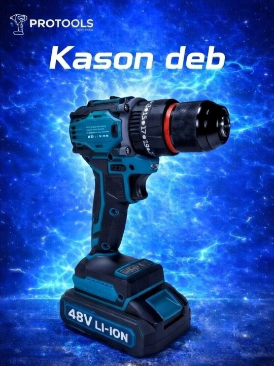 Шуруповерт бесщёточный, KASON 4801, мотор ударный, 2 батареи 48B - 