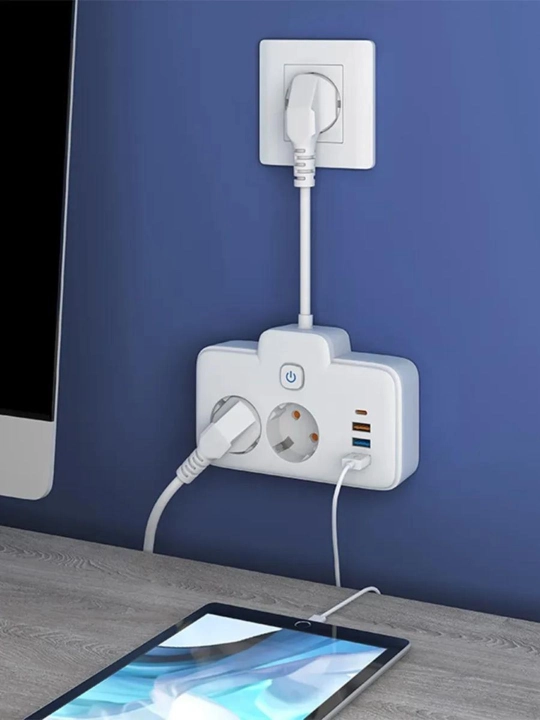 Быстрое USB-зарядное устройство белого цвета, европейская розетка, 3 USB-порта, Type-C - 