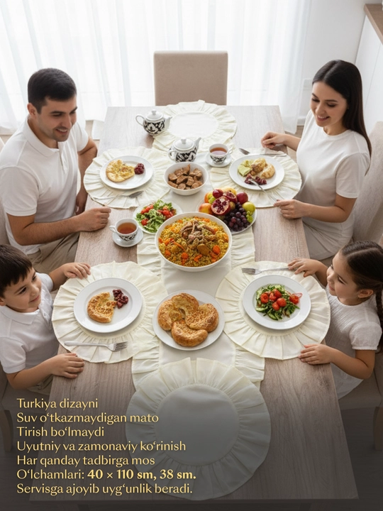 Zamonaviy dasturxon-ranner + 6 ta podtarelnik. Turkiya dizayni