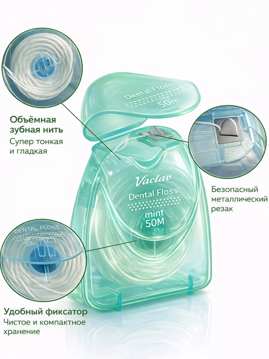 Зубная нить Vaclav, вощеная, мятная, уход за полостью рта, 50 м