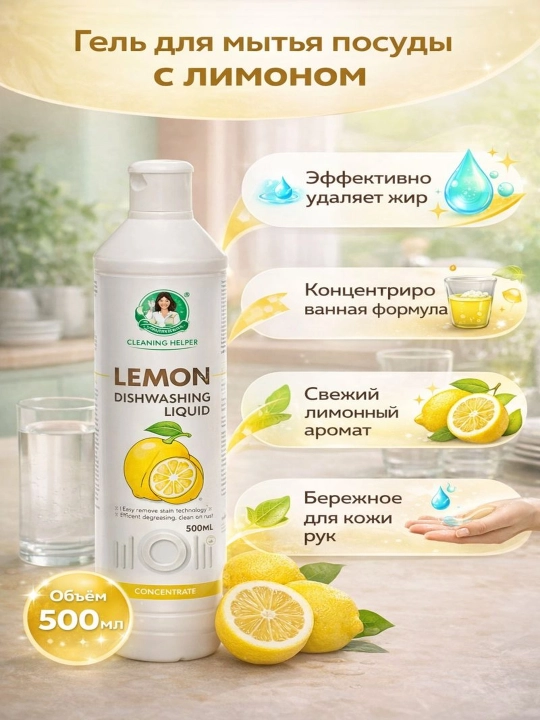 Гель для мытья посуды 1,5 кг, концентрат Fresh Lemon , Peach — чистота и блеск - 